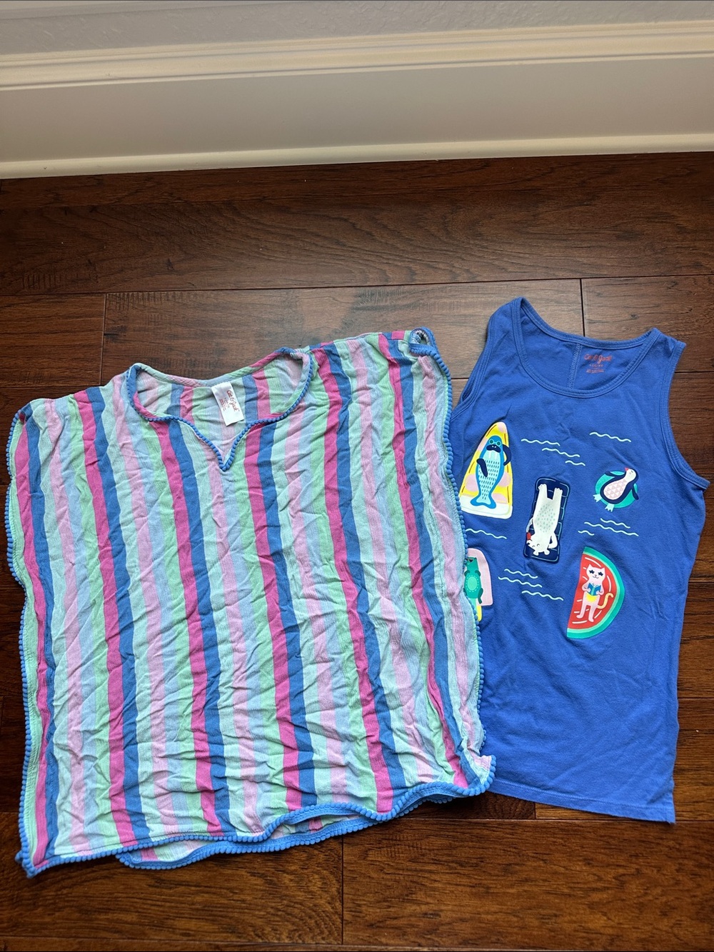 Girls Blue Tank Top & Striped Swim Cover-Up Set - Blue, Pink, Mint